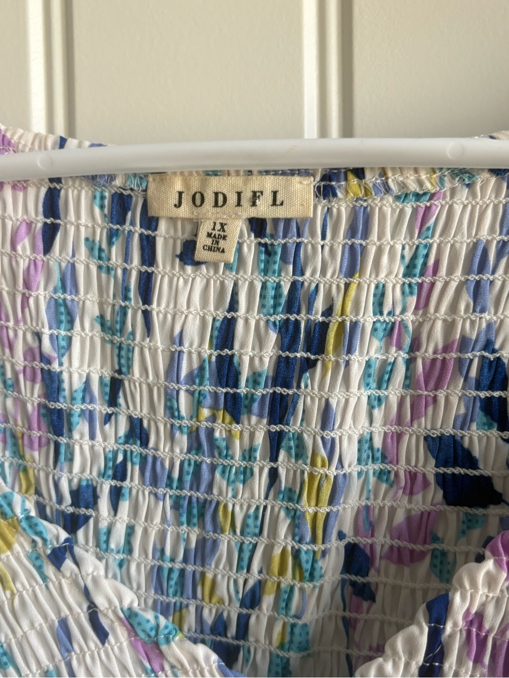 JODIFL Blue, White & Light Purple Leaf-Print Smocked Mini Dress - Picture 4 of 5